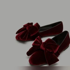 F5J Burgundy Velvet Loafers for Women Cute Round Toe Flats with Bow